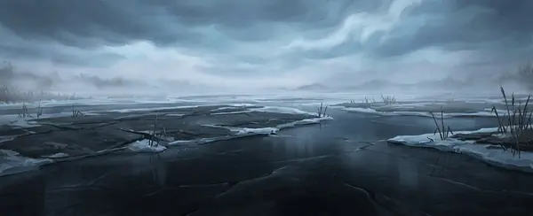 A frozen delta under a violet sky